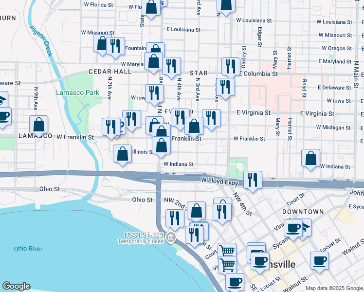 map of restaurants, bars, coffee shops, grocery stores, and more near 1030 West Franklin Street in Evansville