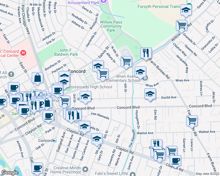 map of restaurants, bars, coffee shops, grocery stores, and more near 3036 Willow Pass Road in Concord