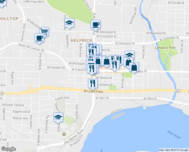 map of restaurants, bars, coffee shops, grocery stores, and more near 2315 W Illinois St in Evansville