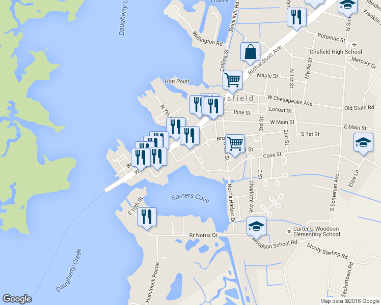 map of restaurants, bars, coffee shops, grocery stores, and more near 712 Broadway Avenue in Crisfield