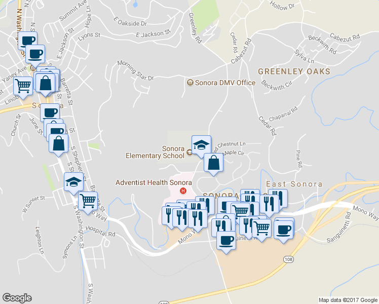 map of restaurants, bars, coffee shops, grocery stores, and more near 830 Greenley Road in Sonora