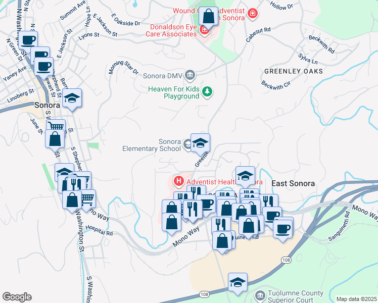 map of restaurants, bars, coffee shops, grocery stores, and more near 830 Greenley Road in Sonora