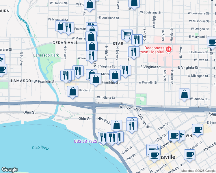map of restaurants, bars, coffee shops, grocery stores, and more near 1030 West Franklin Street in Evansville