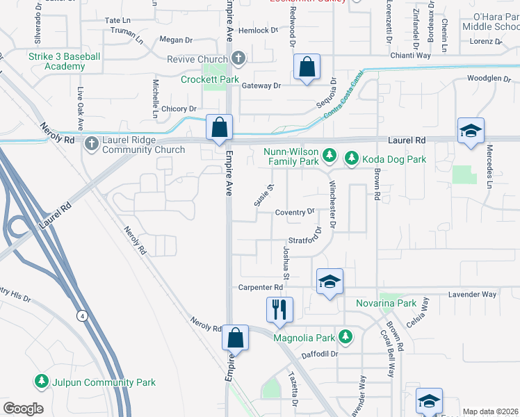 map of restaurants, bars, coffee shops, grocery stores, and more near 1610 Coventry Drive in Oakley