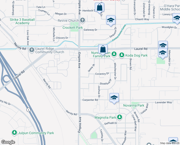 map of restaurants, bars, coffee shops, grocery stores, and more near 1610 Coventry Drive in Oakley