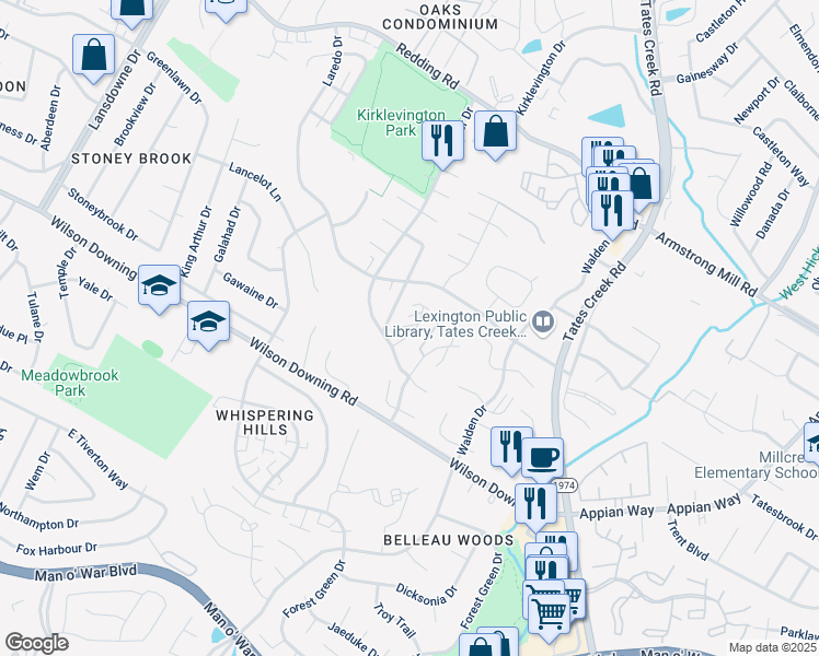 map of restaurants, bars, coffee shops, grocery stores, and more near 3361 Downing Place in Lexington