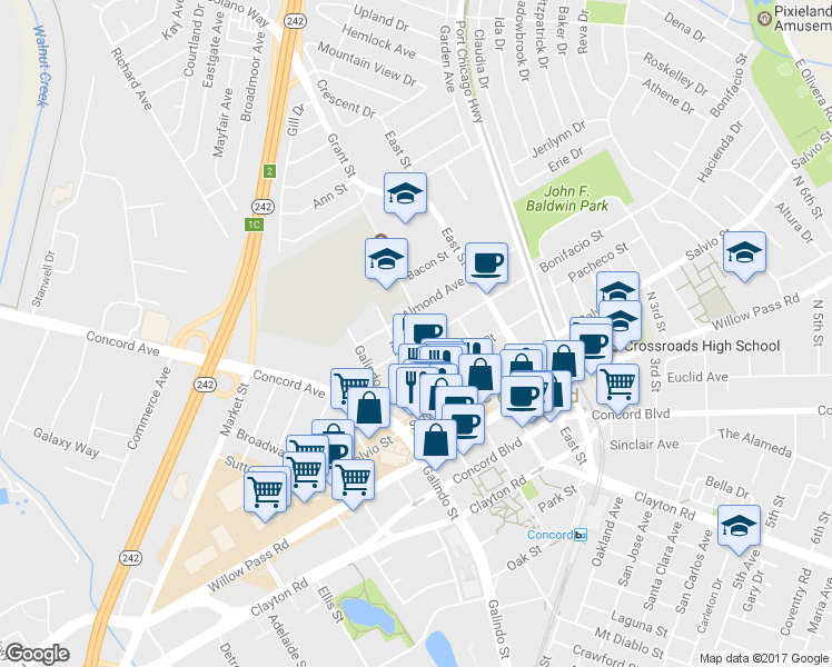 map of restaurants, bars, coffee shops, grocery stores, and more near 2179 Bonifacio Street in Concord