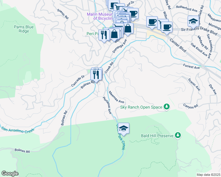 map of restaurants, bars, coffee shops, grocery stores, and more near 65 Meernaa Avenue in Fairfax