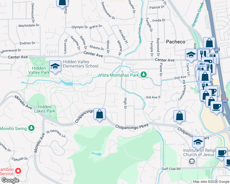 map of restaurants, bars, coffee shops, grocery stores, and more near 2331 Lake Meadow Circle in Martinez