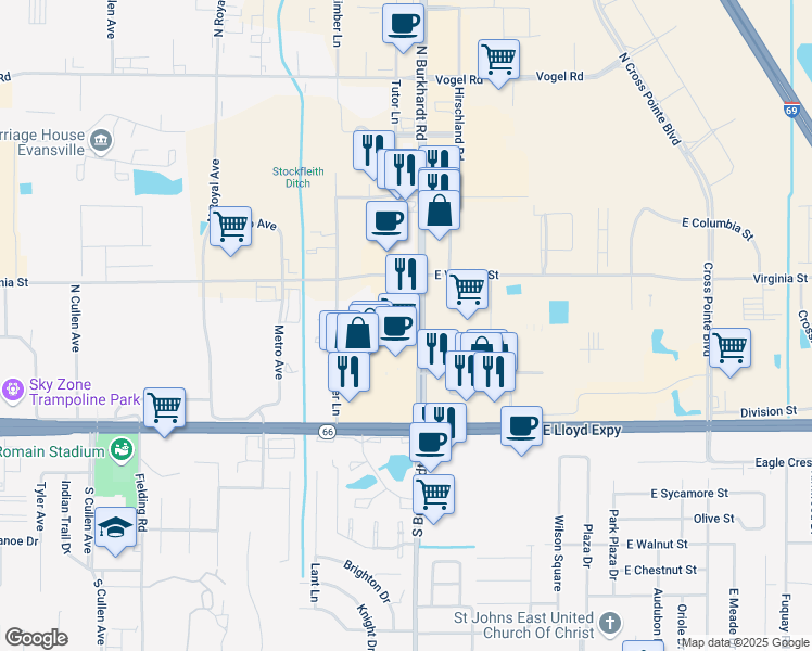 map of restaurants, bars, coffee shops, grocery stores, and more near 330 North Burkhardt Road in Evansville