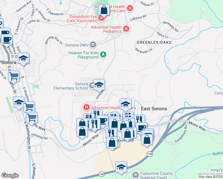 map of restaurants, bars, coffee shops, grocery stores, and more near 12700 Red Maple Circle in Sonora