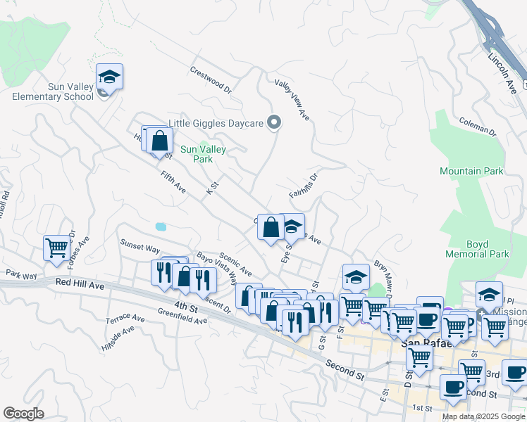 map of restaurants, bars, coffee shops, grocery stores, and more near 115 J Street in San Rafael