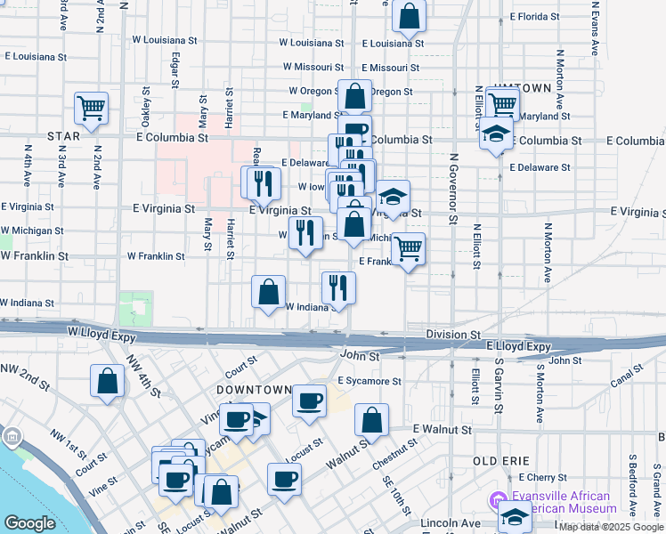 map of restaurants, bars, coffee shops, grocery stores, and more near 200-298 N Main St in Evansville