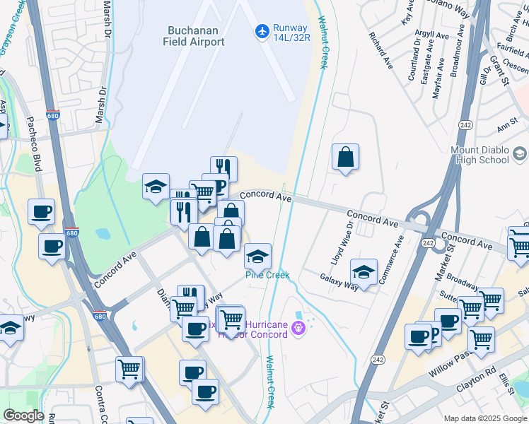 map of restaurants, bars, coffee shops, grocery stores, and more near 1220 Concord Avenue in Concord