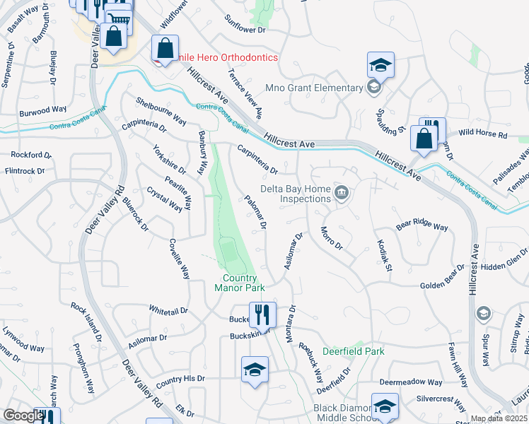 map of restaurants, bars, coffee shops, grocery stores, and more near 4205 Palomar Drive in Antioch