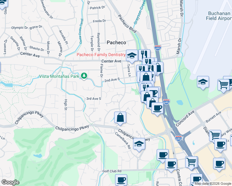 map of restaurants, bars, coffee shops, grocery stores, and more near 825 Camelback Place in Pleasant Hill