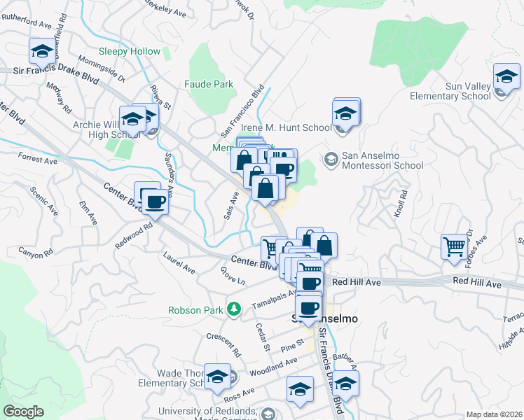 map of restaurants, bars, coffee shops, grocery stores, and more near 100 Shaw Drive in San Anselmo