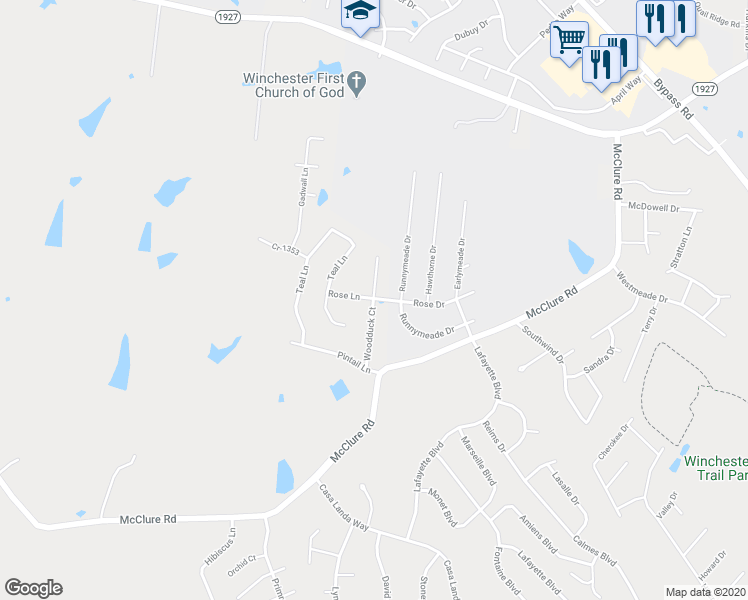 map of restaurants, bars, coffee shops, grocery stores, and more near 202 Woodduck Court in Winchester