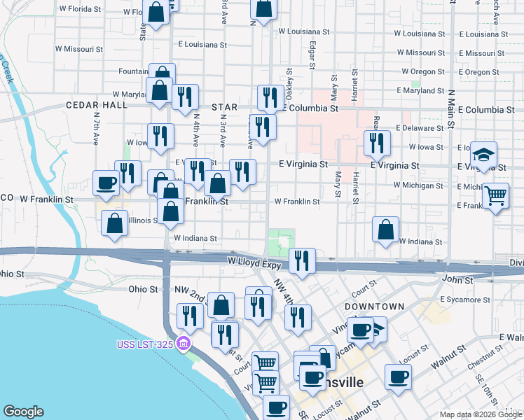 map of restaurants, bars, coffee shops, grocery stores, and more near 816 West Franklin Street in Evansville