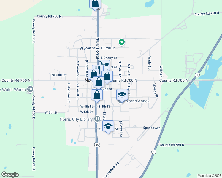 map of restaurants, bars, coffee shops, grocery stores, and more near 300 East 2nd Street in Norris City