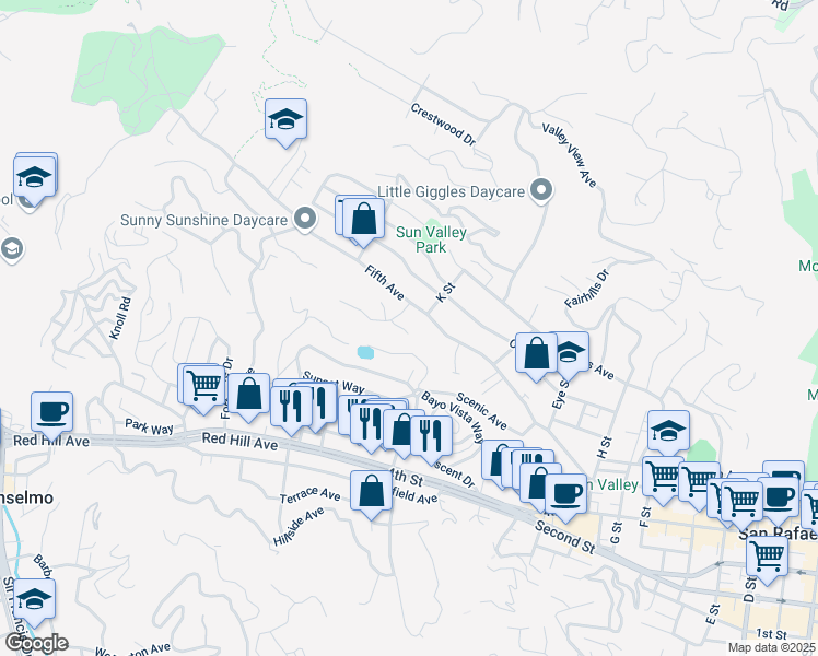 map of restaurants, bars, coffee shops, grocery stores, and more near 7 Robert Court in San Rafael