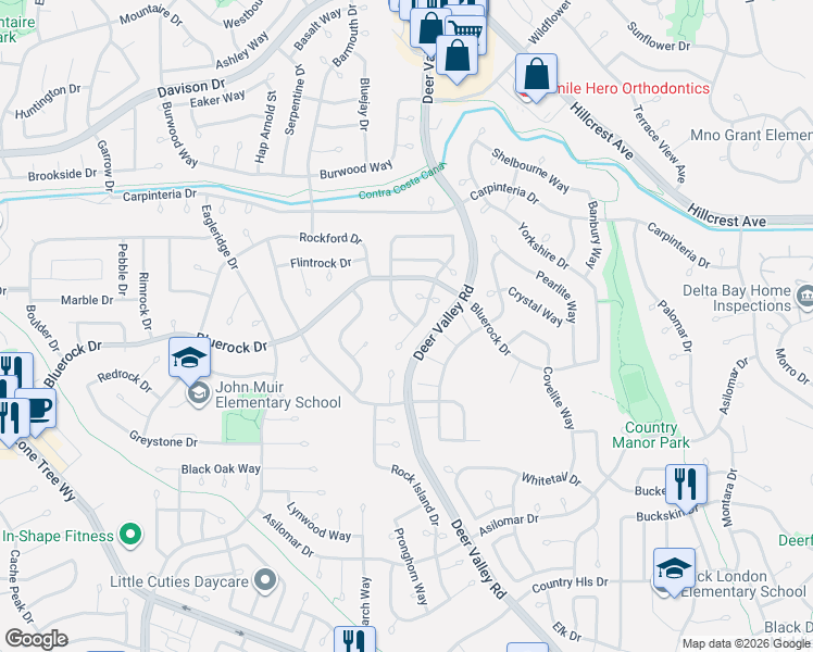 map of restaurants, bars, coffee shops, grocery stores, and more near 4030 Moraine Court in Antioch