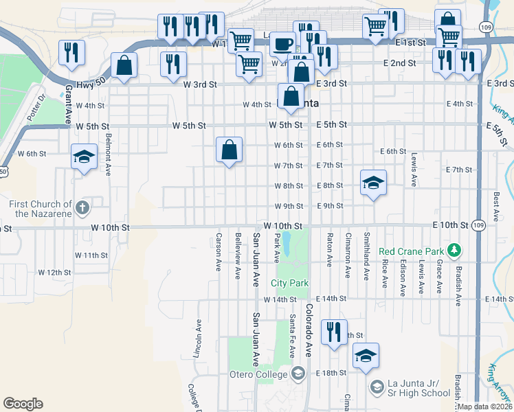 map of restaurants, bars, coffee shops, grocery stores, and more near 251 West 9th Street in La Junta