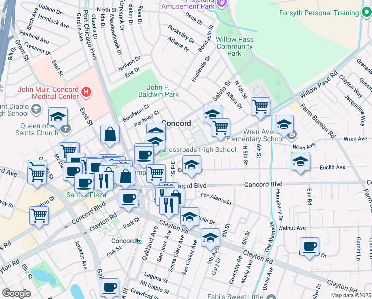 map of restaurants, bars, coffee shops, grocery stores, and more near 2881 Willow Pass Road in Concord