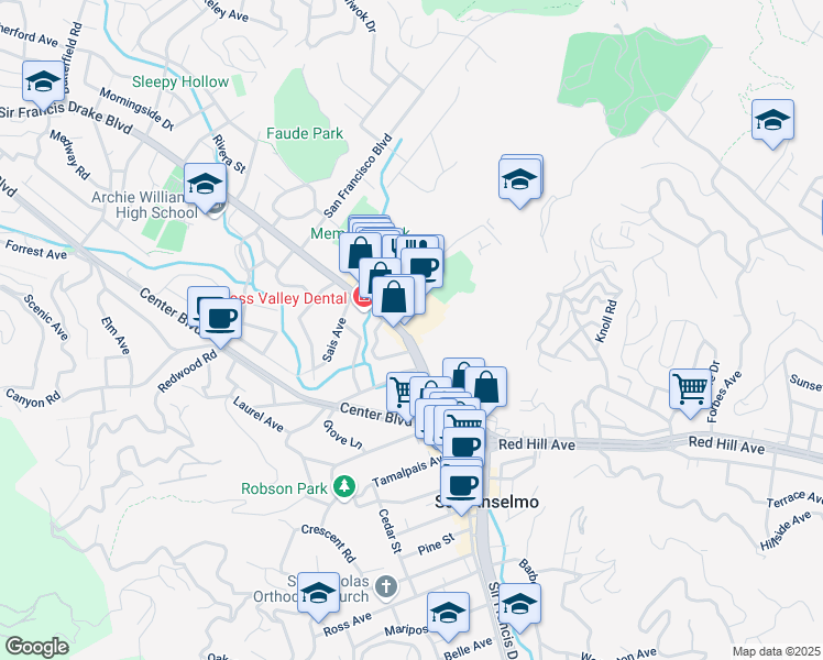 map of restaurants, bars, coffee shops, grocery stores, and more near 100 Shaw Drive in San Anselmo