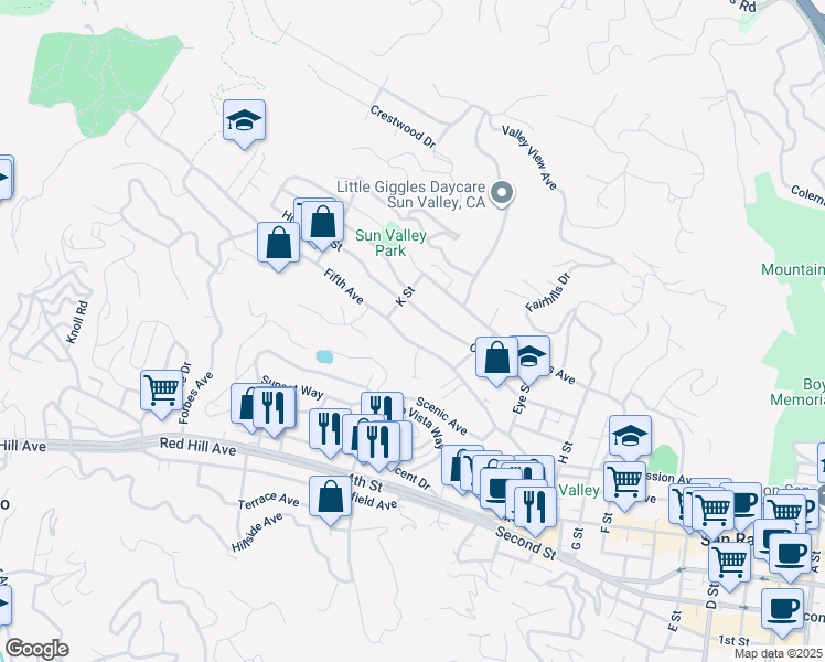 map of restaurants, bars, coffee shops, grocery stores, and more near 2062 Fifth Avenue in San Rafael