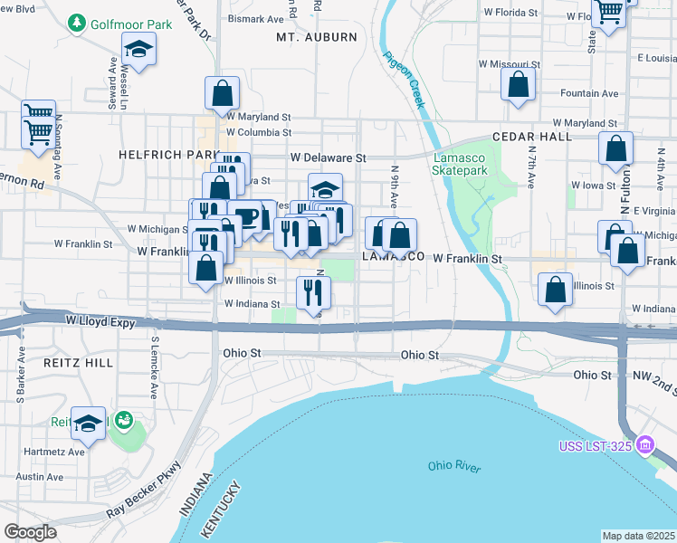 map of restaurants, bars, coffee shops, grocery stores, and more near 298 N Wabash Ave in Evansville