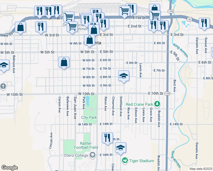 map of restaurants, bars, coffee shops, grocery stores, and more near 801 East 9th Street in La Junta