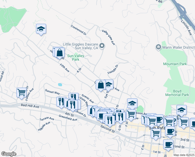 map of restaurants, bars, coffee shops, grocery stores, and more near 115 J Street in San Rafael
