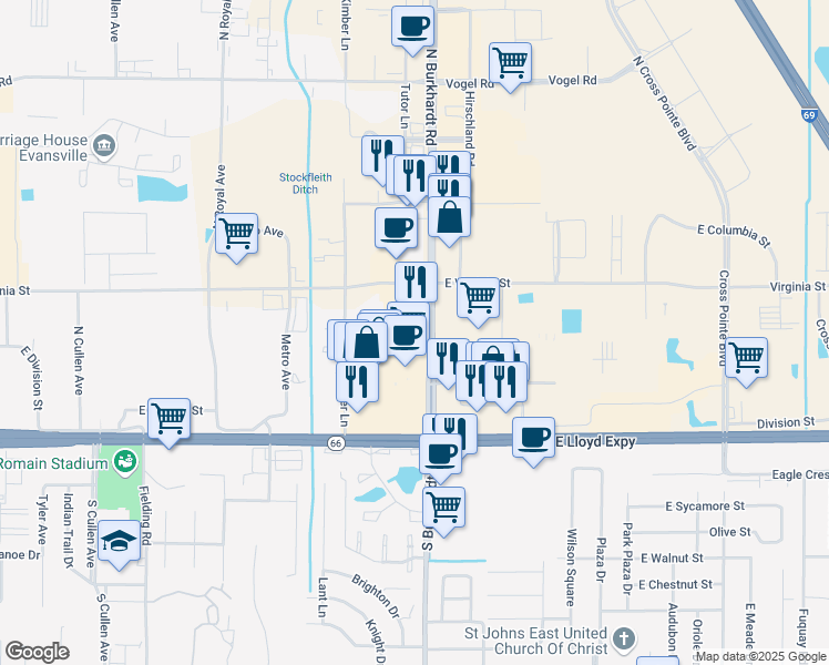 map of restaurants, bars, coffee shops, grocery stores, and more near 330 North Burkhardt Road in Evansville