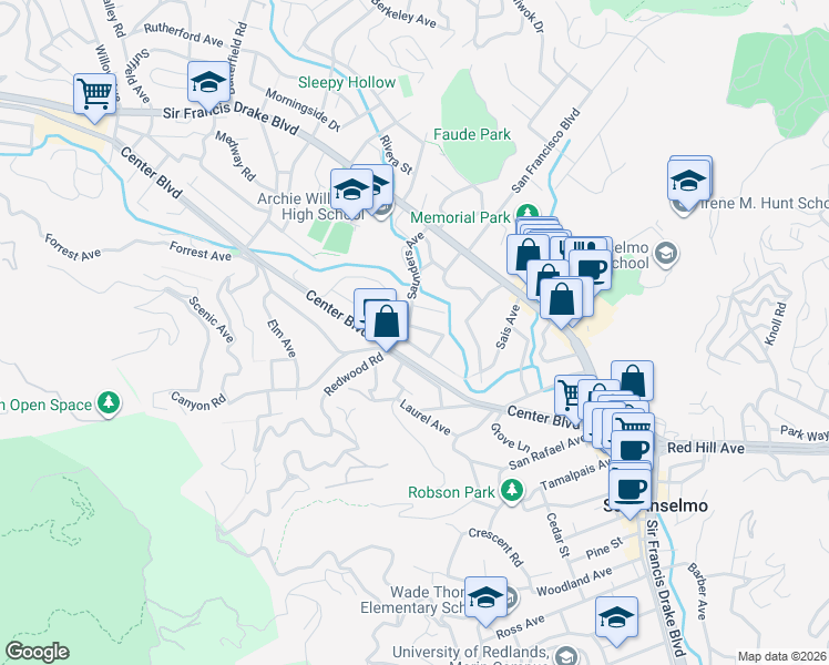 map of restaurants, bars, coffee shops, grocery stores, and more near 110 Saunders Avenue in San Anselmo