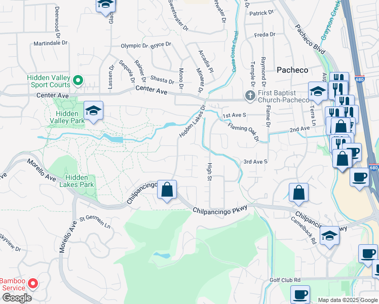 map of restaurants, bars, coffee shops, grocery stores, and more near 2331 Lake Meadow Circle in Martinez