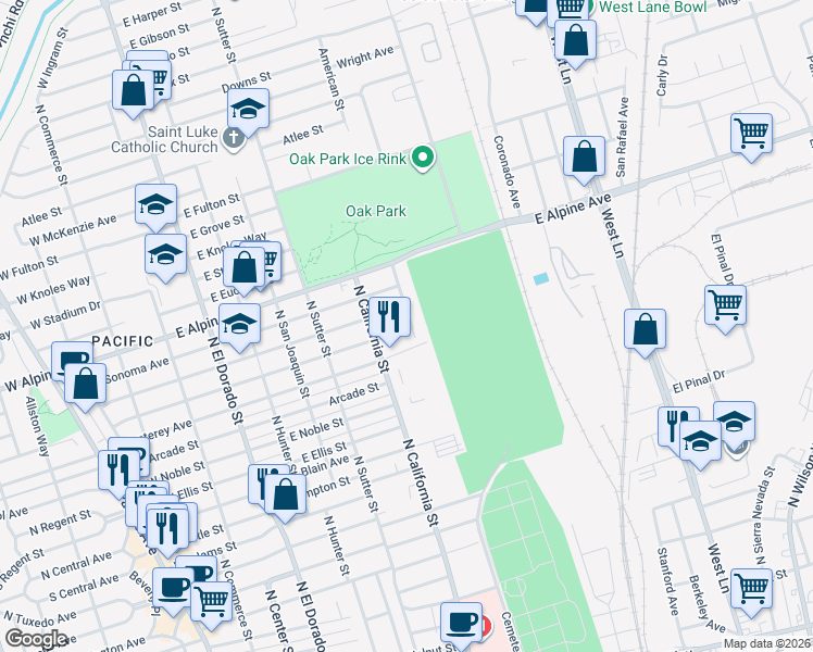 map of restaurants, bars, coffee shops, grocery stores, and more near 555 East Mariposa Avenue in Stockton