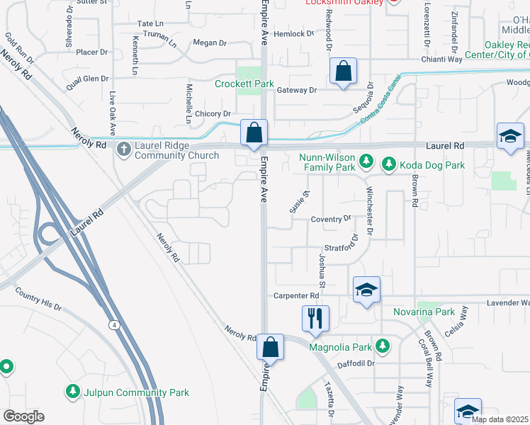map of restaurants, bars, coffee shops, grocery stores, and more near Empire Avenue in Oakley
