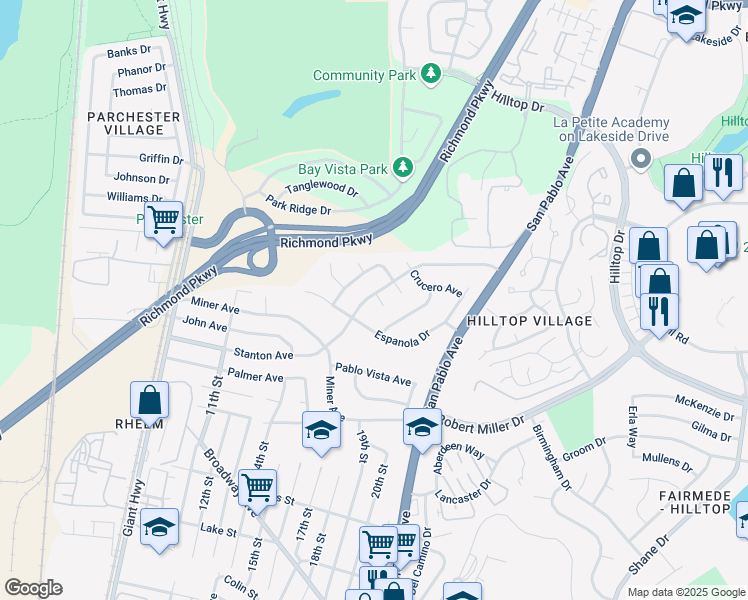 map of restaurants, bars, coffee shops, grocery stores, and more near 10 Hildalgo Court in San Pablo