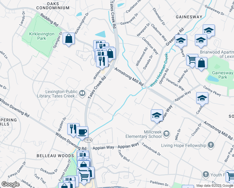 map of restaurants, bars, coffee shops, grocery stores, and more near 3749 Lady Di Lane in Lexington