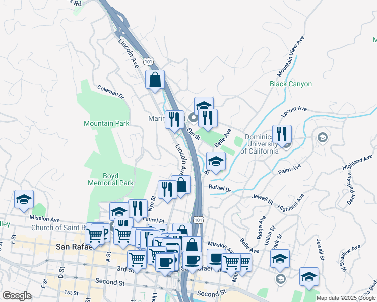 map of restaurants, bars, coffee shops, grocery stores, and more near 1458 Lincoln Avenue in San Rafael