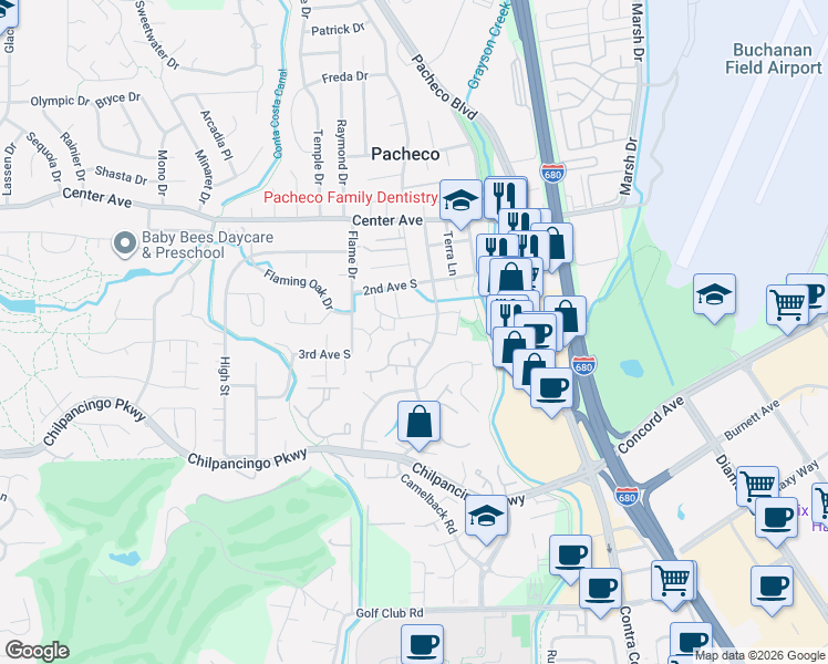 map of restaurants, bars, coffee shops, grocery stores, and more near 820 Camelback Place in Pleasant Hill