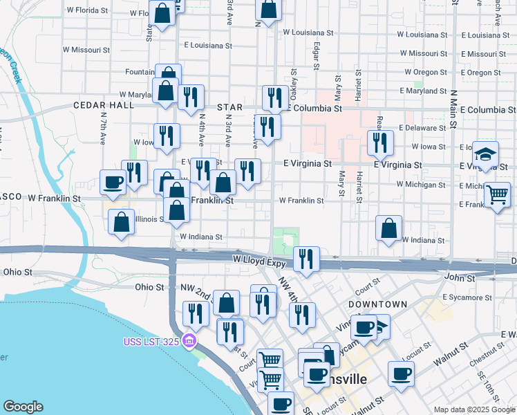 map of restaurants, bars, coffee shops, grocery stores, and more near 816 West Franklin Street in Evansville