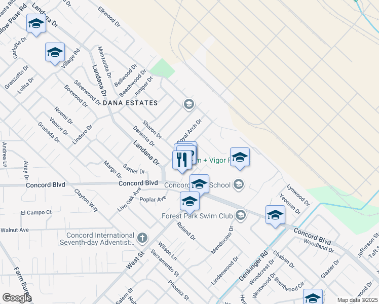 map of restaurants, bars, coffee shops, grocery stores, and more near 3932 Mulberry Drive in Concord
