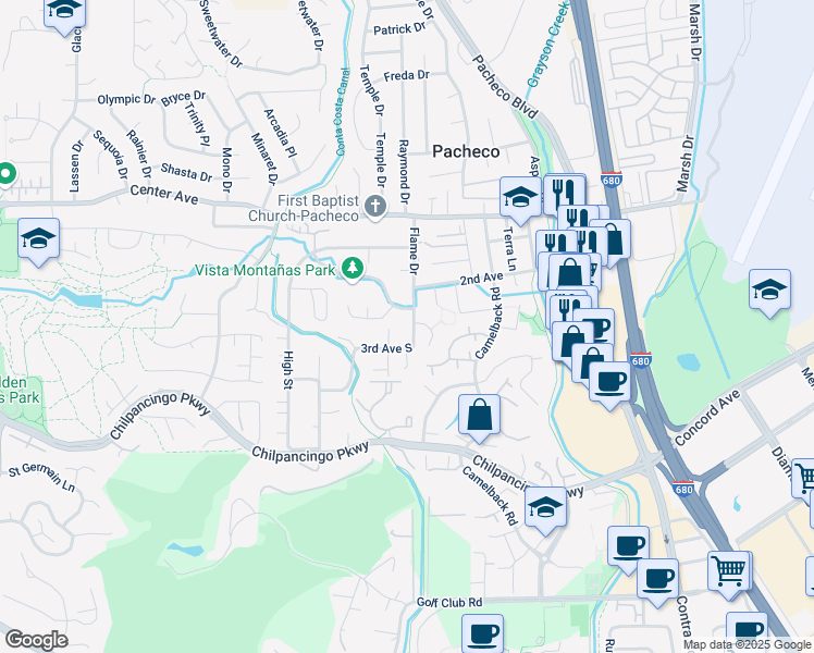 map of restaurants, bars, coffee shops, grocery stores, and more near 158 Flame Drive in Pleasant Hill