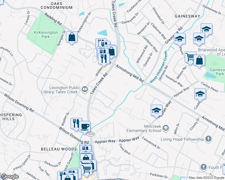 map of restaurants, bars, coffee shops, grocery stores, and more near 3713 Lady Di Lane in Lexington