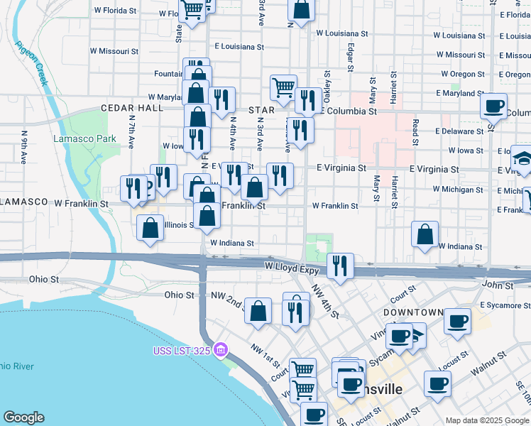 map of restaurants, bars, coffee shops, grocery stores, and more near 215 North 3rd Avenue in Evansville