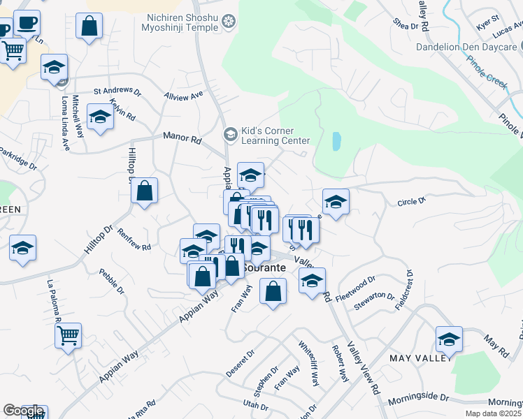 map of restaurants, bars, coffee shops, grocery stores, and more near 206 Appian Village Drive in El Sobrante