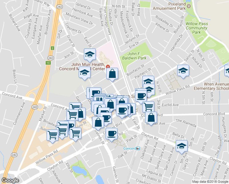 map of restaurants, bars, coffee shops, grocery stores, and more near 2109 East Street in Concord