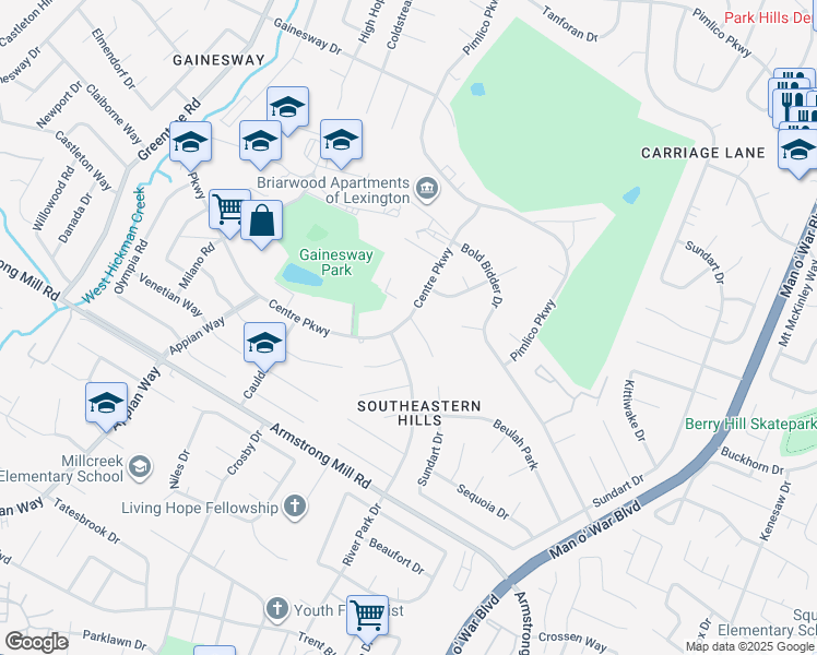 map of restaurants, bars, coffee shops, grocery stores, and more near 1294 Centre Parkway in Lexington